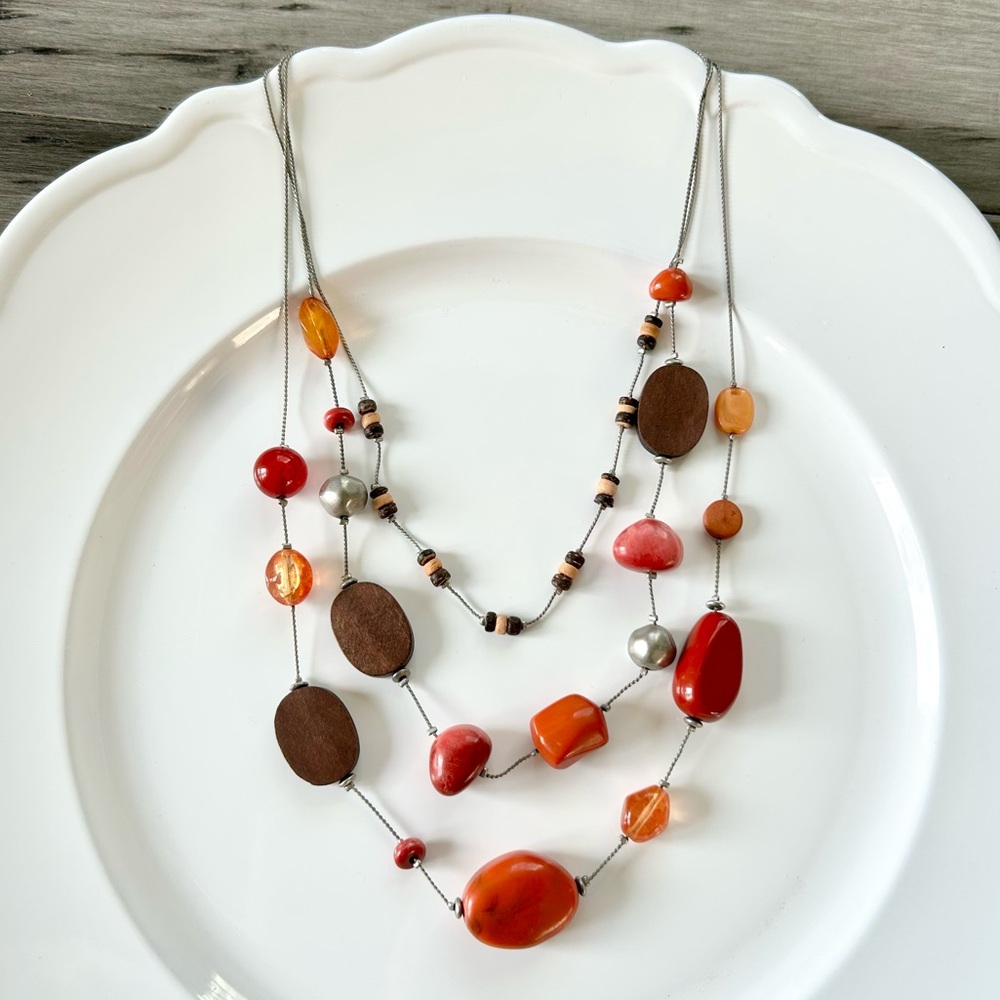 💜 LAST CHANCE Multi Strand Pewter Beaded Necklace w/ Acrylic and Wooden Beads